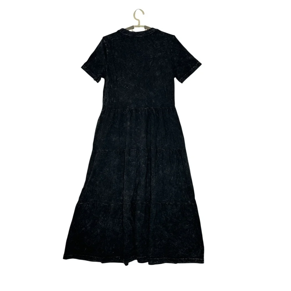 American Giant Womens Premium Slub Tiered Midi Dress Small Black Mineral Wash